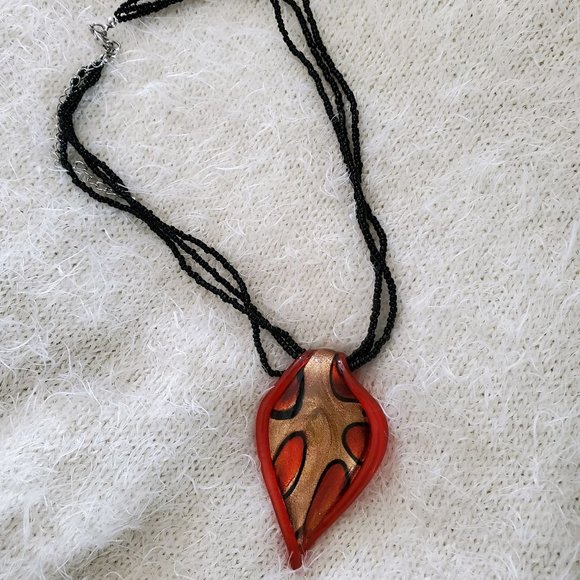 Red & Gold Lampwork Glass Beaded Chain Necklace - Picture 2 of 9